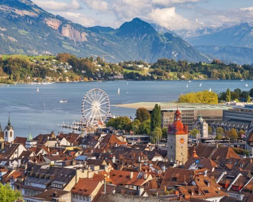 Lucerne, Switzerland cityscape on lake Lucerne.